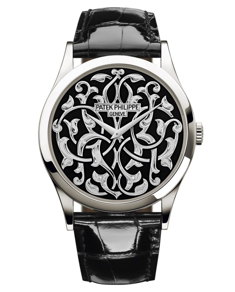 White Gold Black Enamel Engraved watch